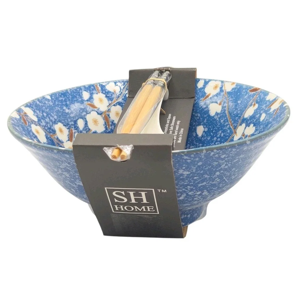 SH Home Sakura Cherry Blossom Ceramic Ramen Noodle Bowl Blue w/ Chopsticks Spoon